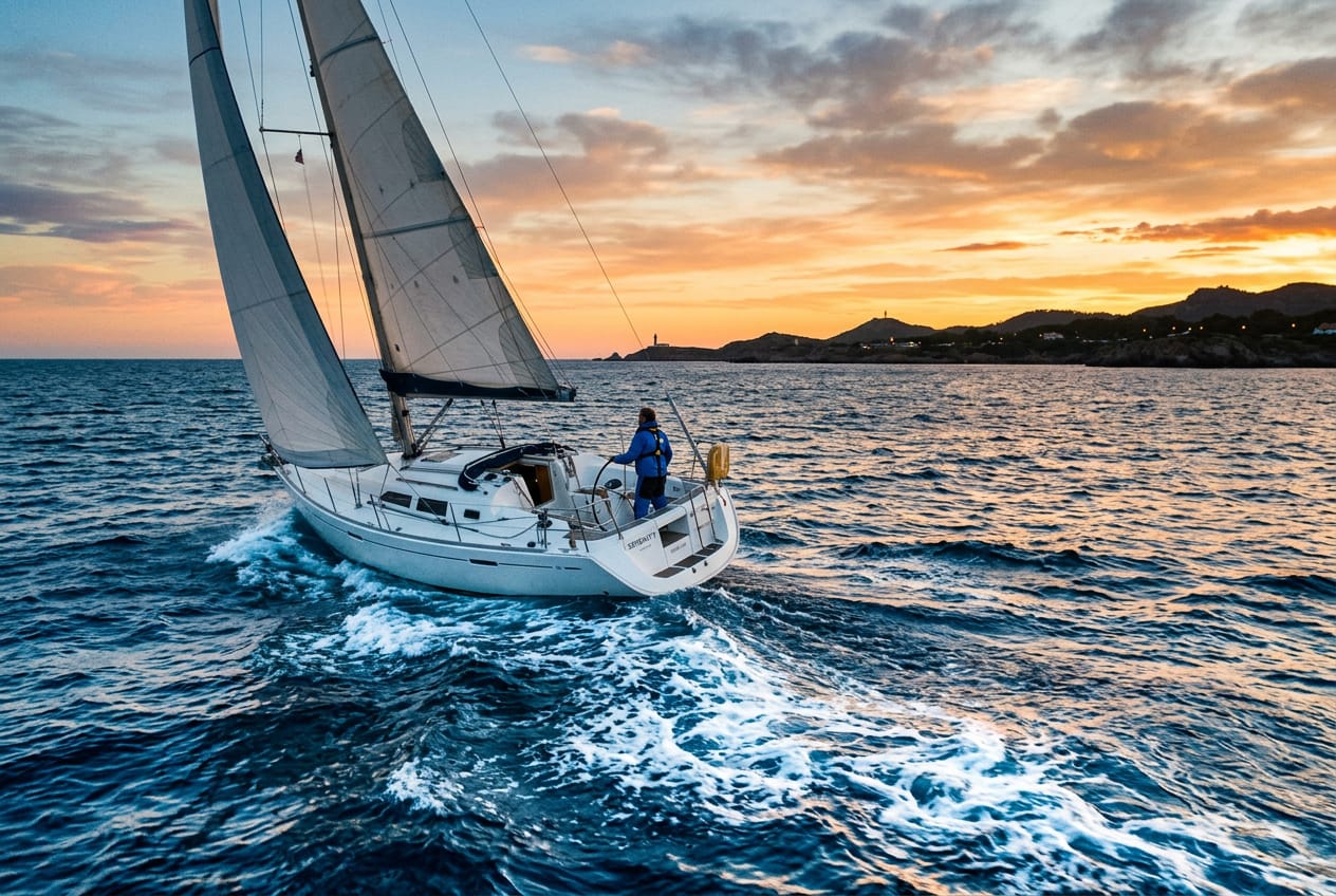 A sailboat heading out to sea under an orange sunset