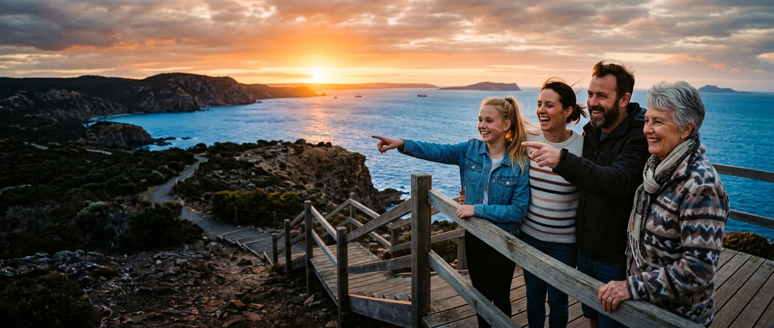 A family pointing out at a sunset over a bay from a wooden lookout