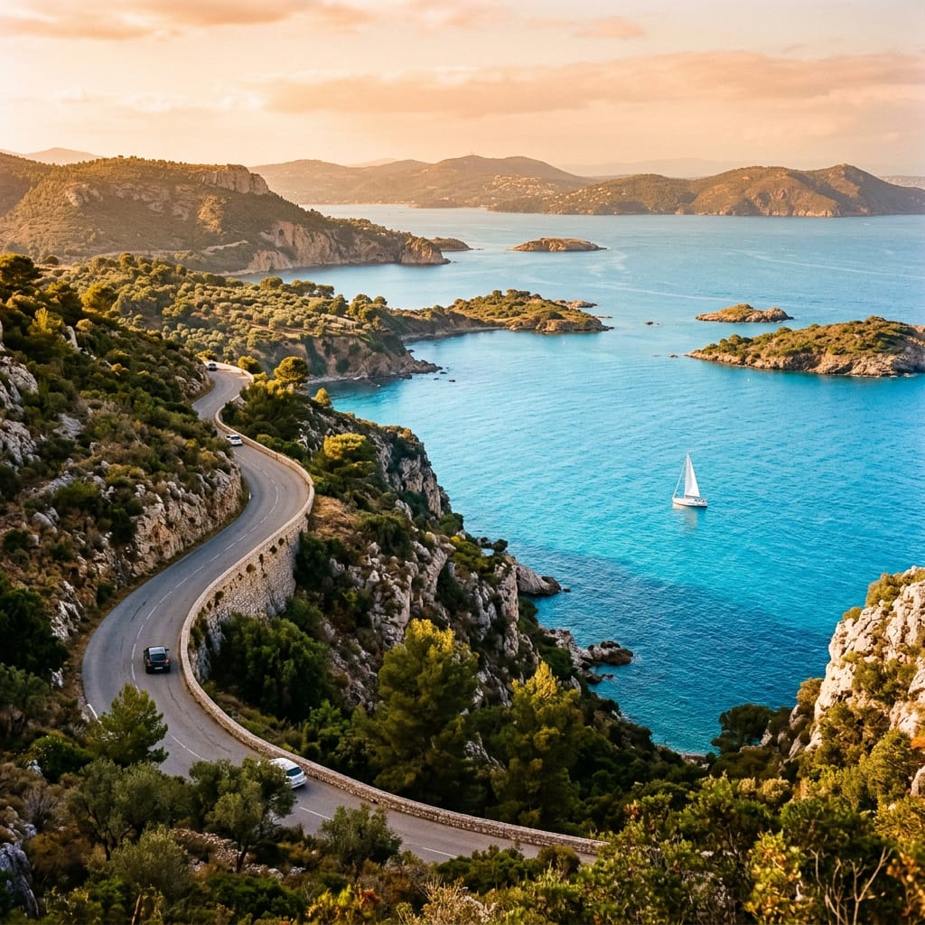A winding coast road above a turquoise bay with a sailboat
