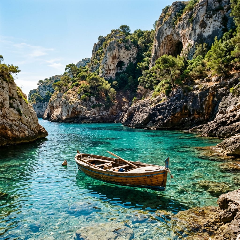 A turquoise cove reached by a small boat, seen from the water
