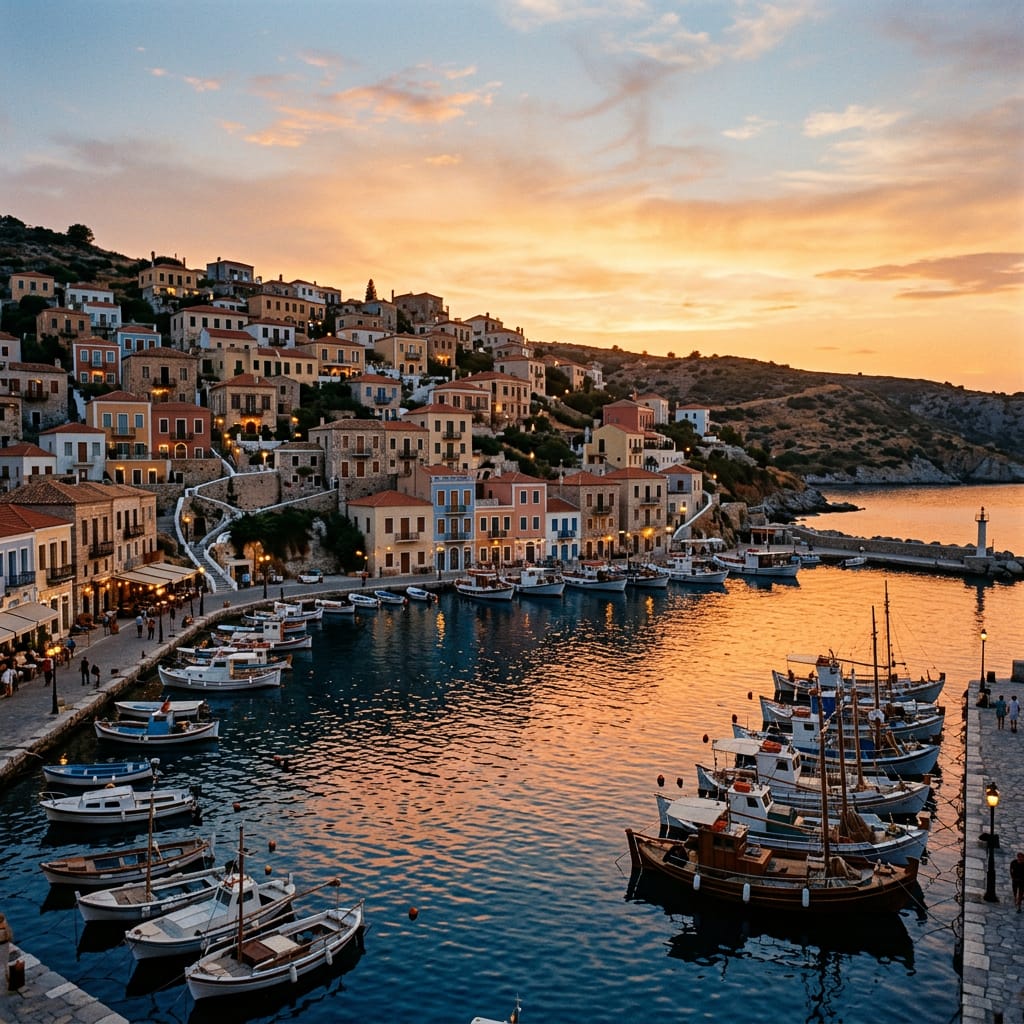 A quiet harbour at golden hour with small boats and a waterside table