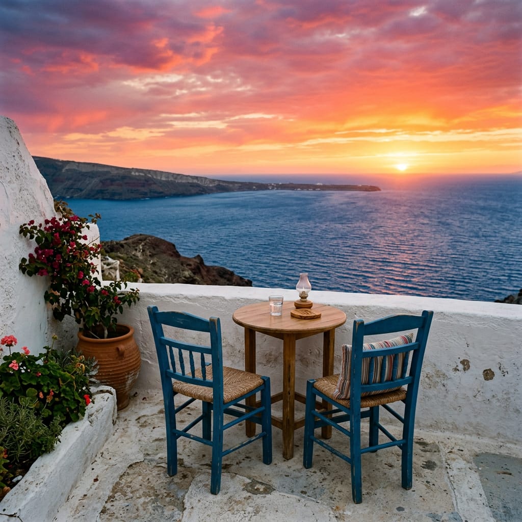 A terrace table overlooking the sea at sunset