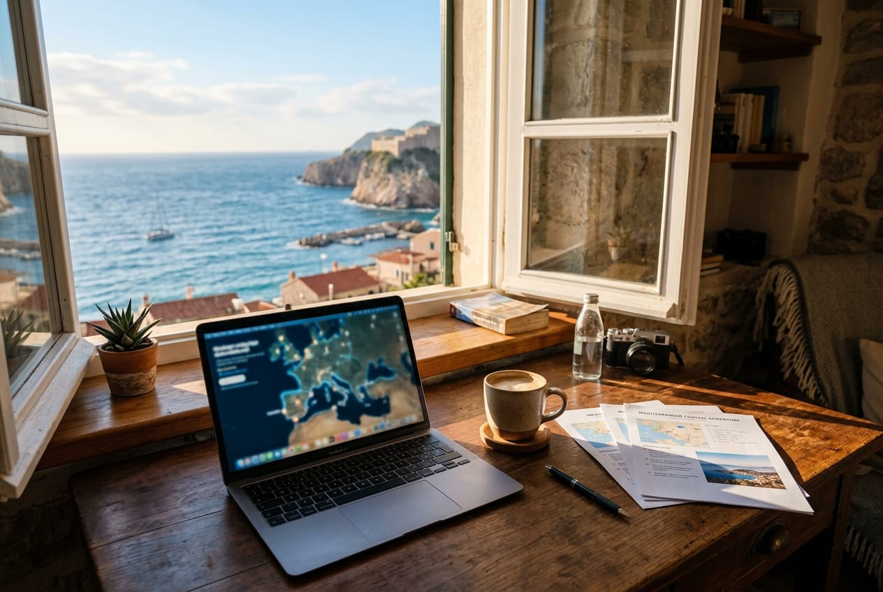 A laptop and printed route notes on a wooden desk by an open window over the sea