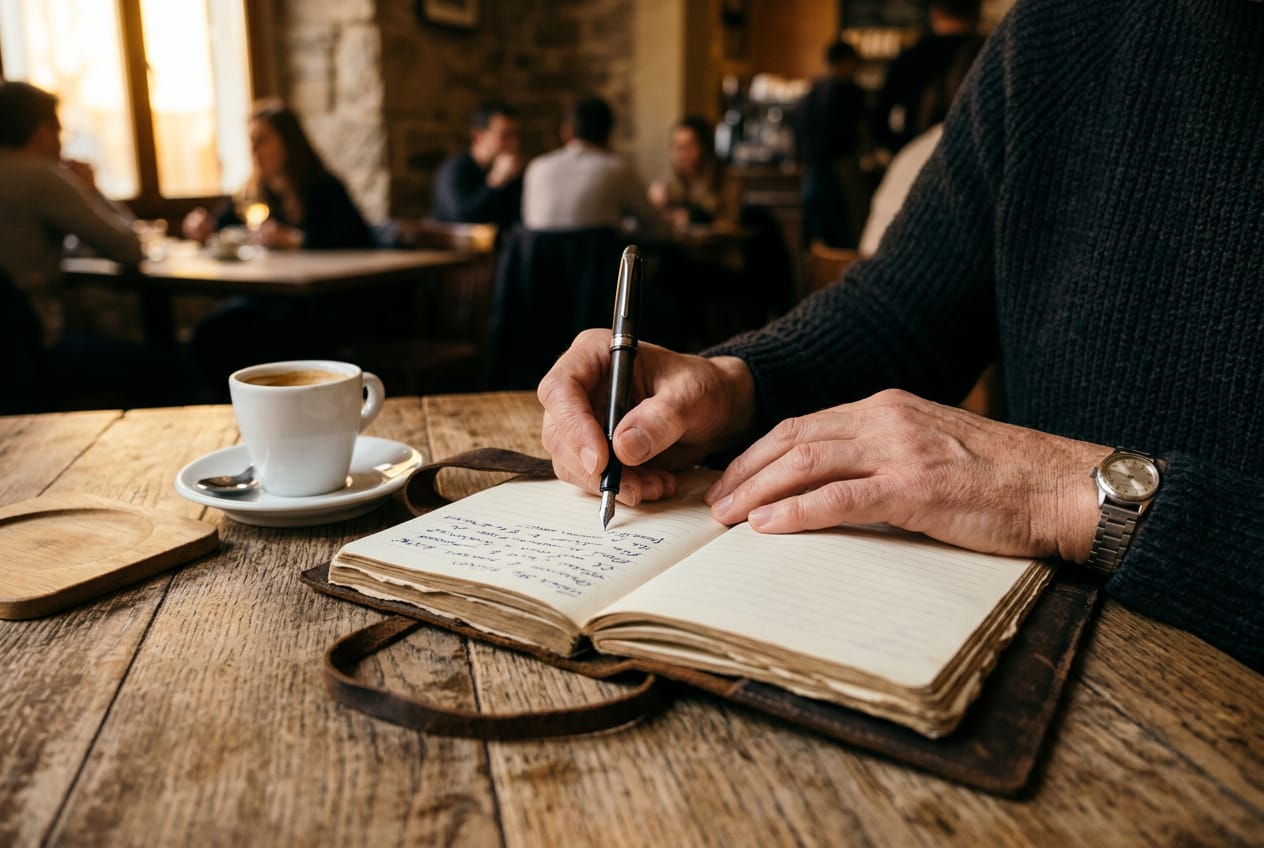 A closed blue linen notebook on a table beside a fountain pen and a shell