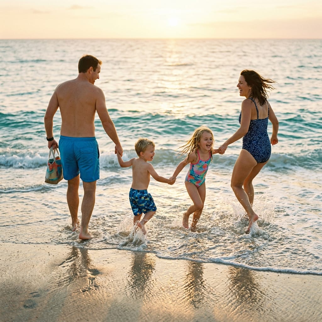A family walking along a harbour wall together
