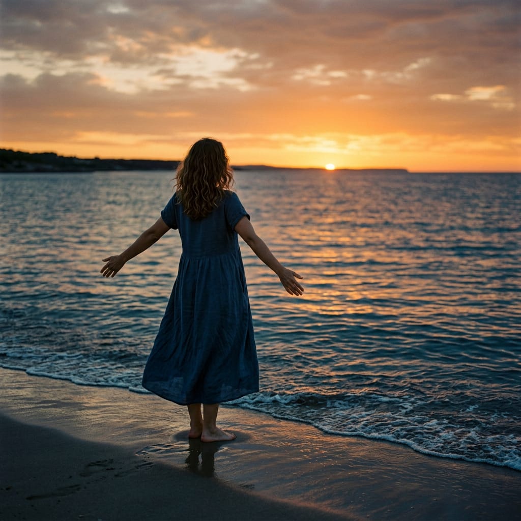A person resting on a beach at dawn after a long year