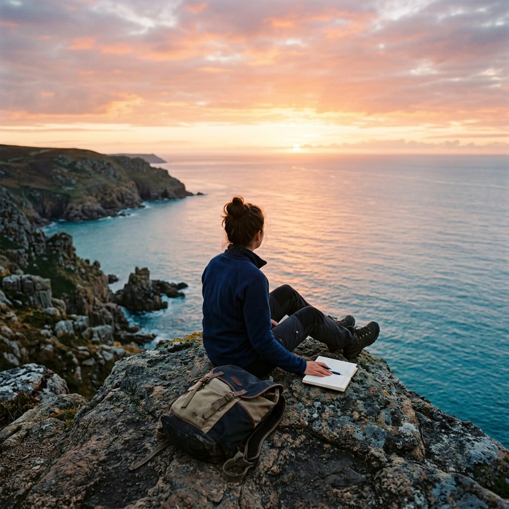A traveller with a backpack looking over a quiet bay